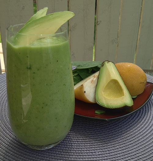 Verde green smoothie with Gustare Honeybell-Orange Balsamic served with fresh avocado