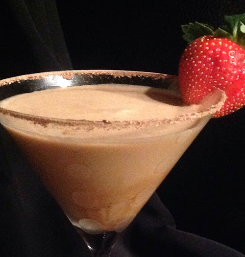 Romantic Cupid's Kiss chocolate martini made with Gustare Gourmet's Dark Chocolate Balsamic - elegant Valentine's Day cocktail recipe with strawberry garnish.