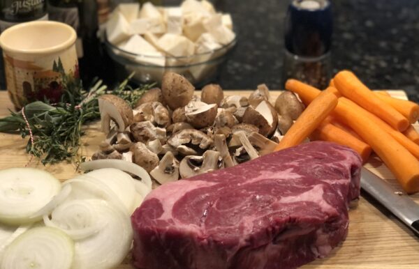 Pot roast ingredients featuring Gustare Gourmet's Porcini Sage Extra Virgin Olive Oil and Espresso Balsamic Vinegar
