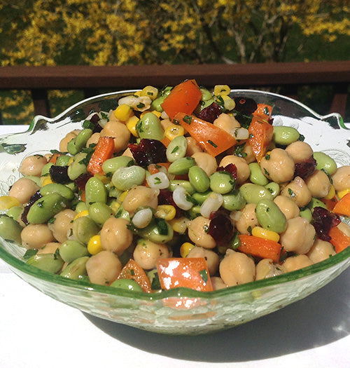 Colorful summer bean salad with chickpeas, edamame, corn, and cranberries dressed in a Gustare Persian Lime Extra Virgin Olive Oil and Cucumber Melon Balsamic Vinegar vinaigrette