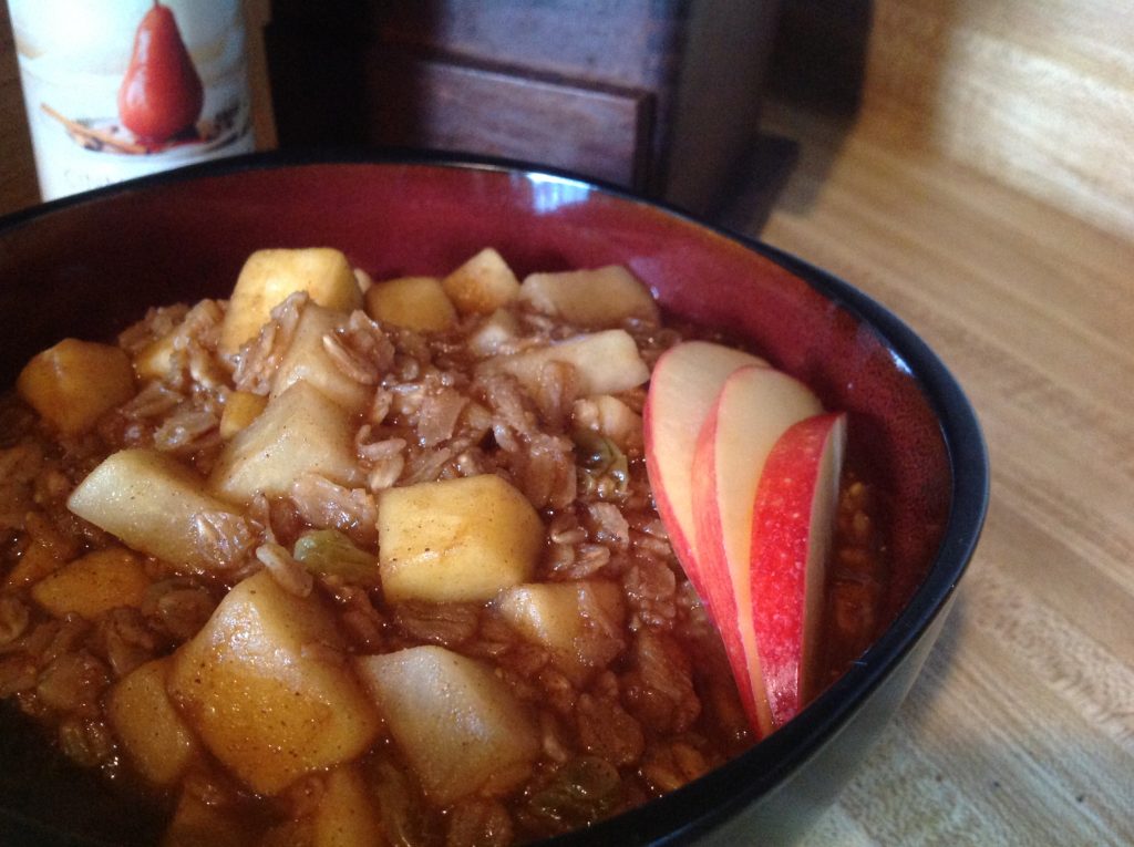 Sweet and spicy breakfast oats with apple, pear, and Gustare Cinnamon-Pear Balsamic Vinegar