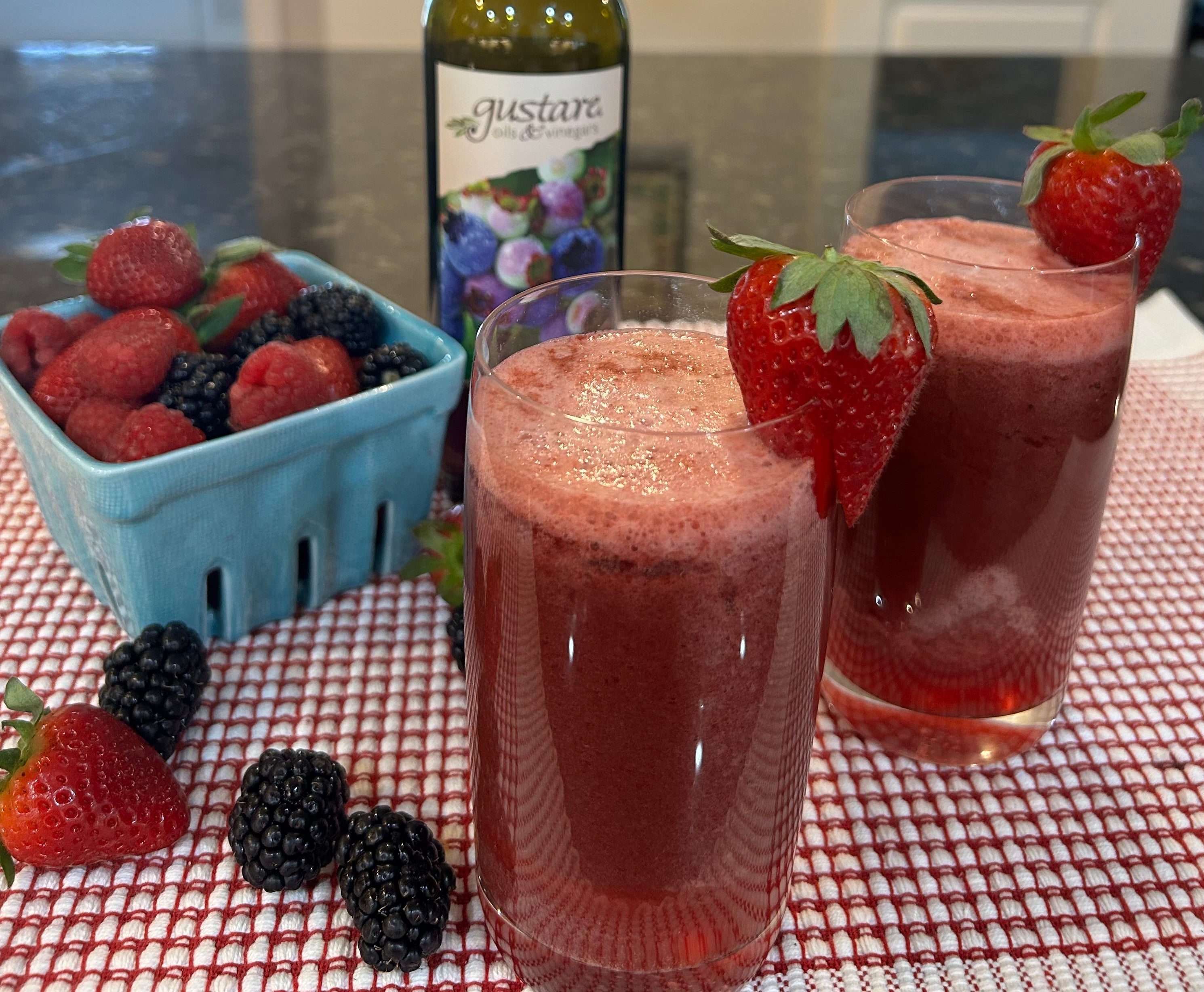 Very Berry Spritzer with Gustare Wild Blueberry Balsamic Vinegar, strawberries, and blackberries