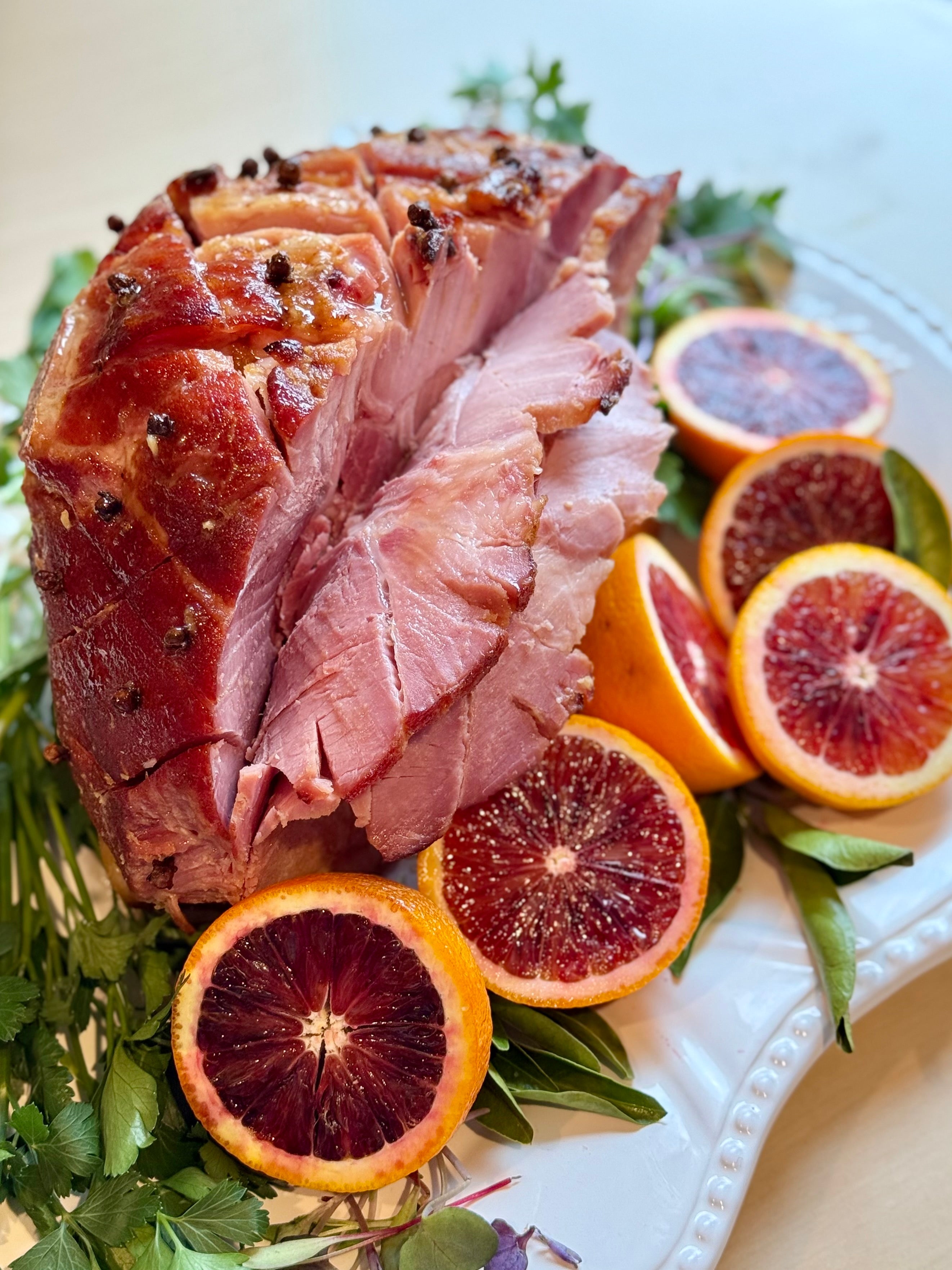 Beautiful pineapple and blood orange glazed ham with tropical citrus flavors