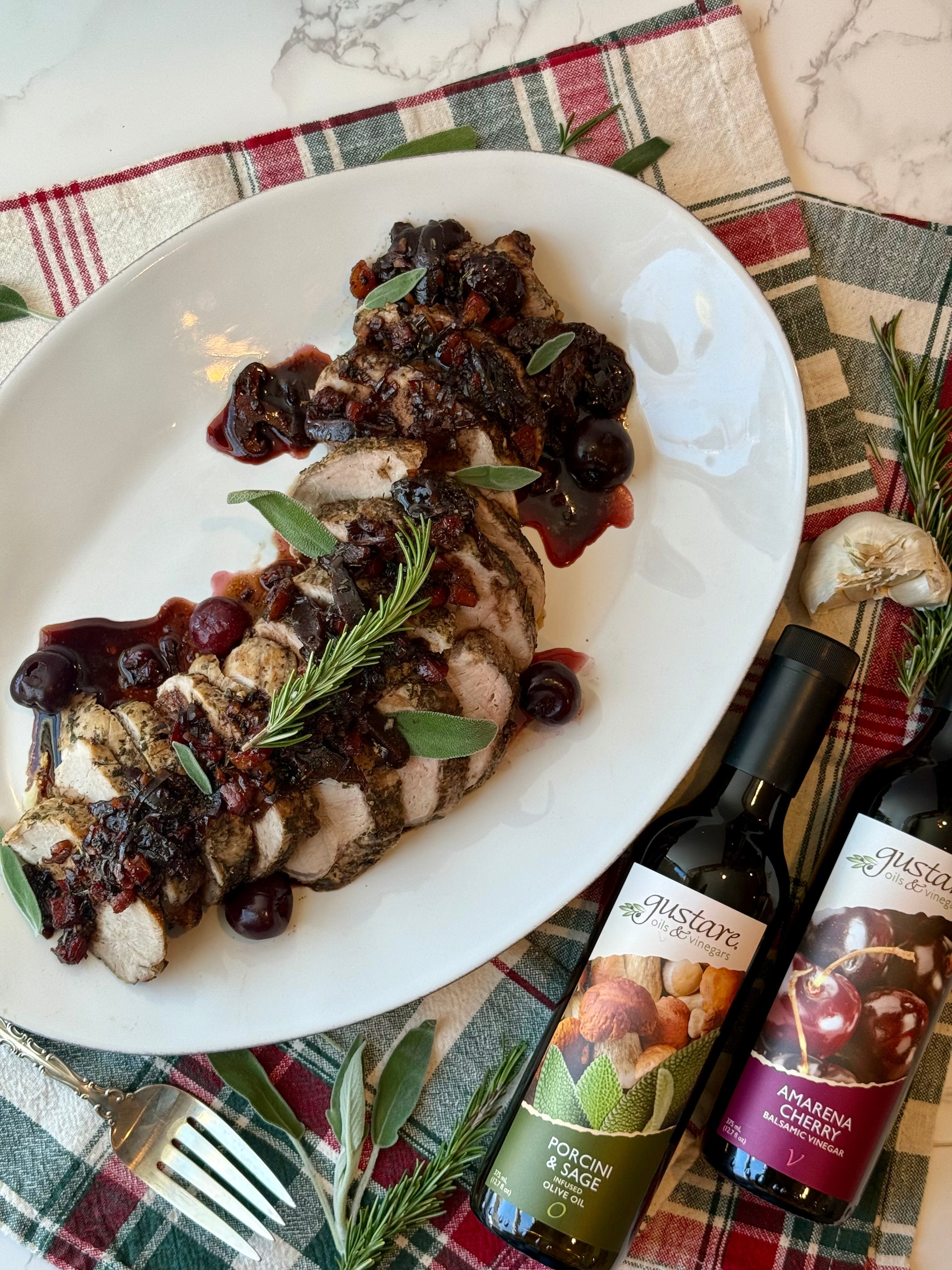 Succulent Amarena Cherry Glazed Pork Tenderloin featuring tender medallions topped with rich balsamic cherry sauce made with our premium Italian gourmet ingredients for an elegant restaurant-quality dish.